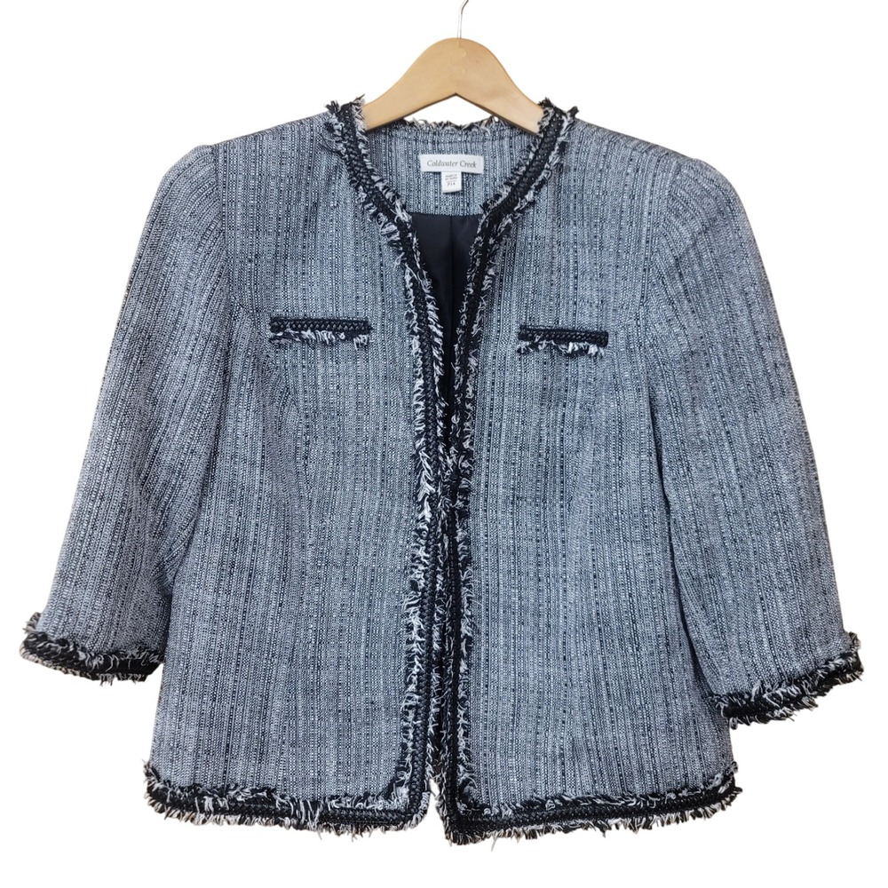 Coldwater Creek Black White Tweed Frayed Trim Open Front Blazer Jacket Petite 14